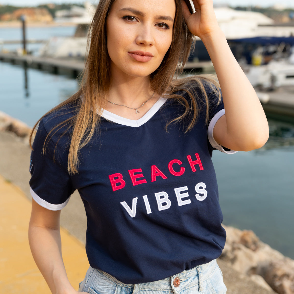 Zeezande T-shirt für Damen aus Baumwolle Beach vibes in navy marine blau