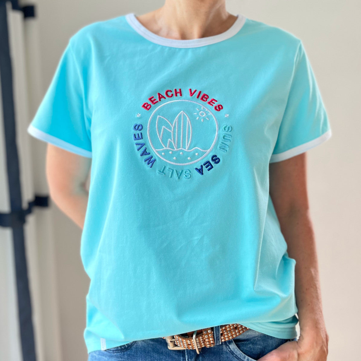 Zeezande T-Shirt für Damen aus Baumwolle Damenshirt mit Strand Meer Stick in Türkis Blau
