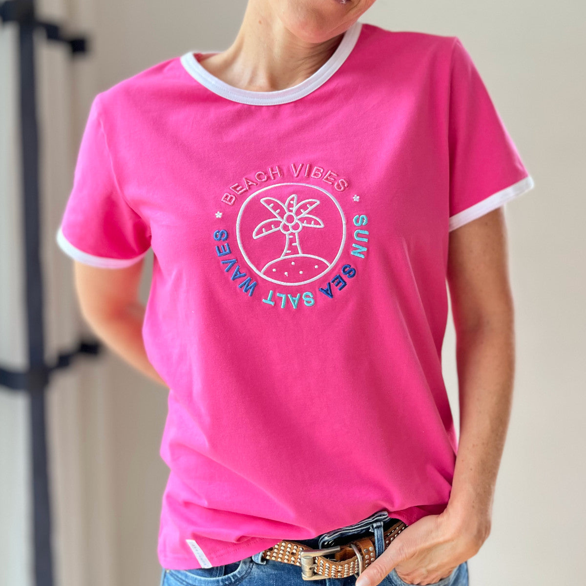 Zeezande T-Shirt für Damen aus Baumwolle Damenshirt mit Strand Meer Stick in Pink