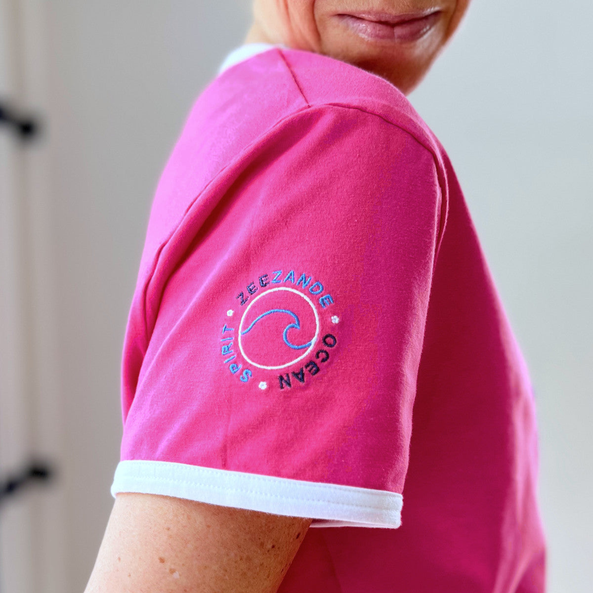 Zeezande T-Shirt für Damen aus Baumwolle Damenshirt mit Strand Meer Stick in Pink