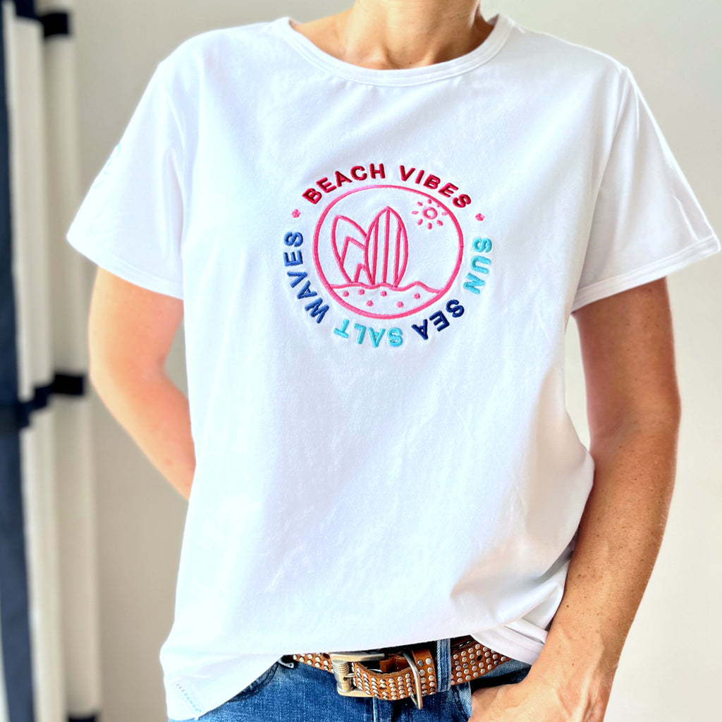 Zeezande T-Shirt für Damen aus Baumwolle Damenshirt mit Strand Meer Stick in Weiss