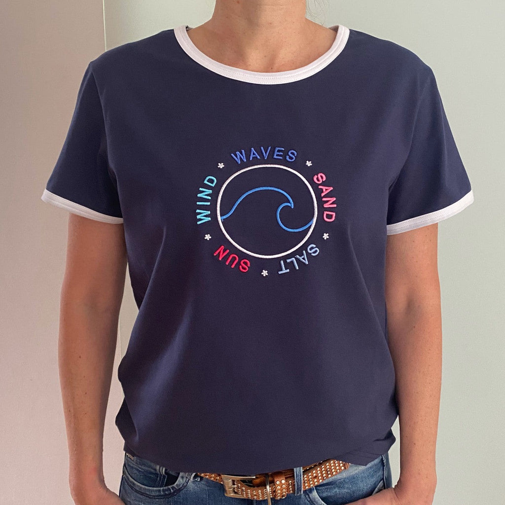 Zeezande T-Shirt für Damen aus Baumwolle Damenshirt mit Strand Meer Stick in Navy Blau Dunkelblau