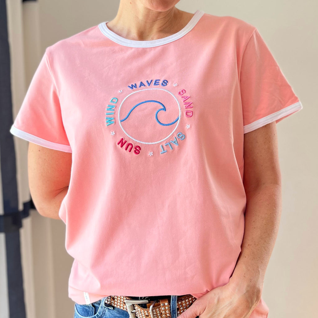 Zeezande T-Shirt für Damen aus Baumwolle Damenshirt mit Strand Meer Stick in Pfirsich Orange Rosa